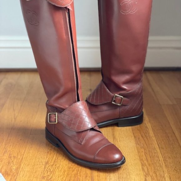 Authentic CHANEL Brown Leather Riding Boots - size 39 Euro /8-8.5 US - Picture 1 of 6